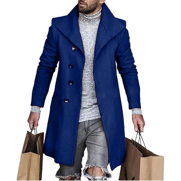 awodent Men Blue Trench Coat Lapel Long Sleeve Single Breasted