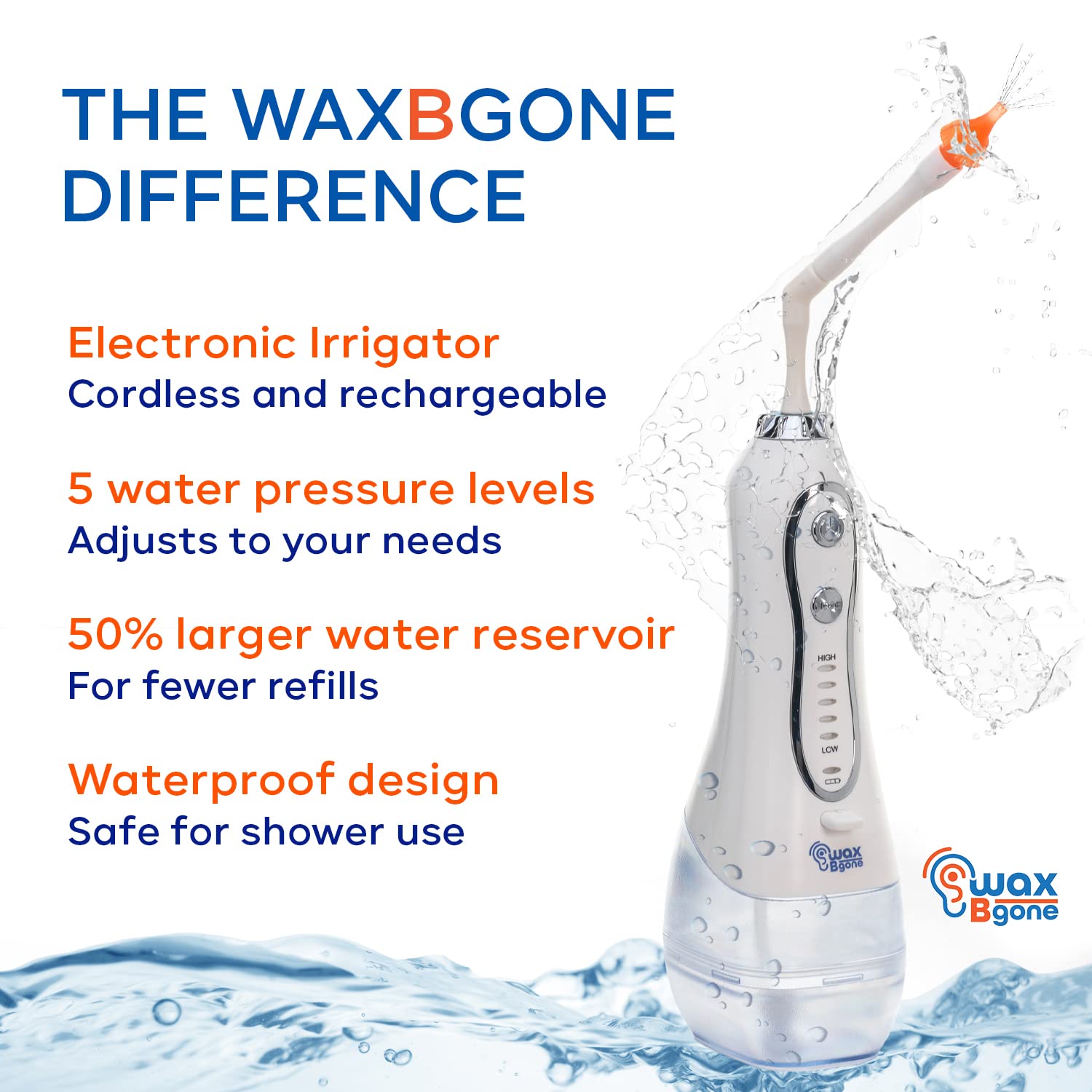 WaxBgone Ear Wax Removal Kit - Safe Electronic Ear Cleaner with Otoscope, 5 Water Pressure Settings, 10 Disposable SoftSpray Tips, 2 Wands, Ear Basin, and Earwax Drops - Waterproof and Rechargeable
