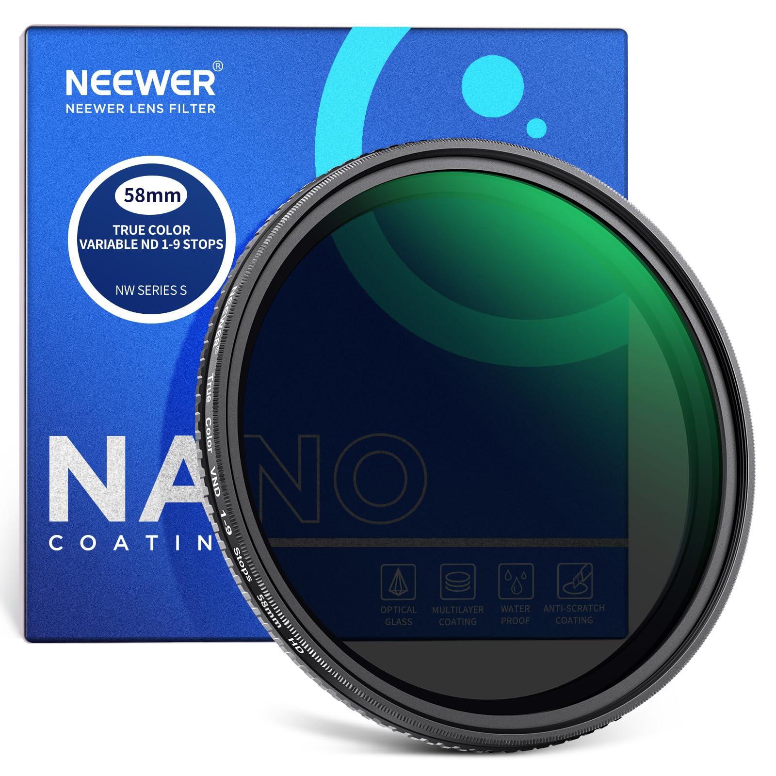 NEEWER 58mm True Colors Variable VND Filter ND2-ND400, Hard Stops Adjustable Neutral Density Filter with Multi Coated HD Optical Glass and Aluminum Frame