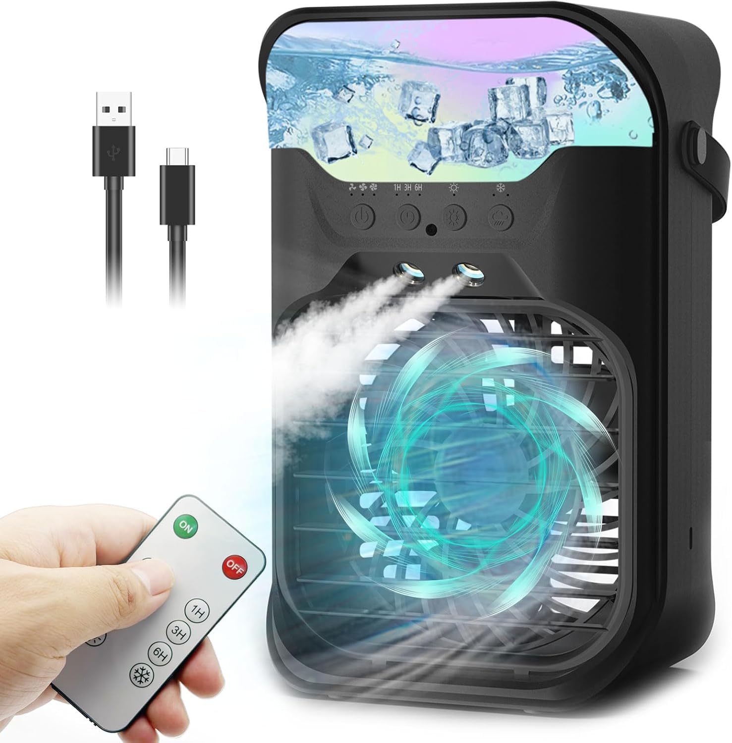 Photo 1 of IWENNUAN Portable Air Conditioners FAN, 4 in 1 Portable AC Unit with Remote, 1500ml Water Tank, 3 Speeds, 6H Timer, 2 Spray Mist, 7 Night Light, Personal Mini Air Conditioner for Bedroom, Office, Home