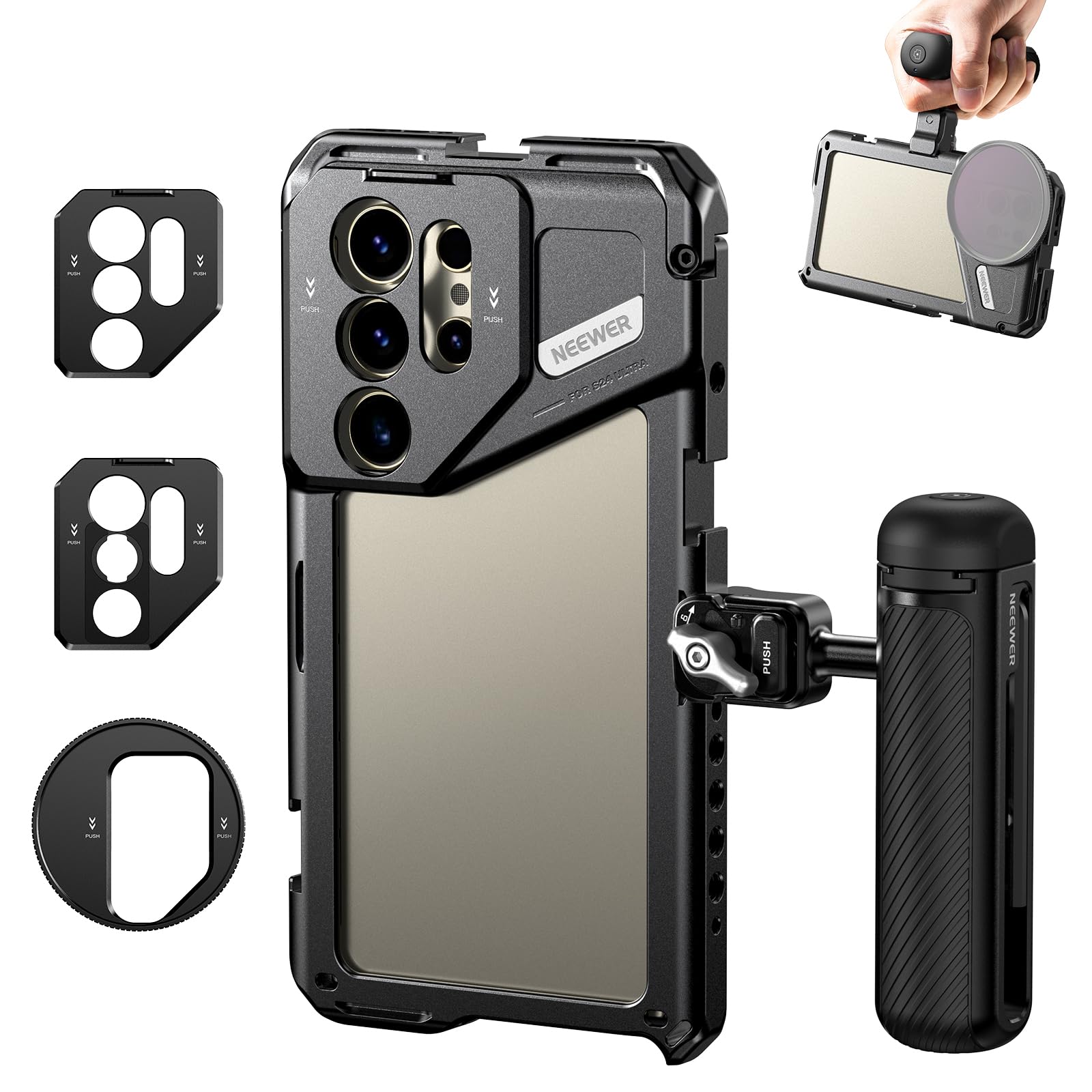 NEEWER S24 Ultra Phone Cage Stabilizer with Clamp On Bluetooth Side Handle, 67mm Filter Adapter, 17mm Lens Backplate, T Mount Lens Adapter Compatible with Moment T Series Lenses, PA042+PA005E