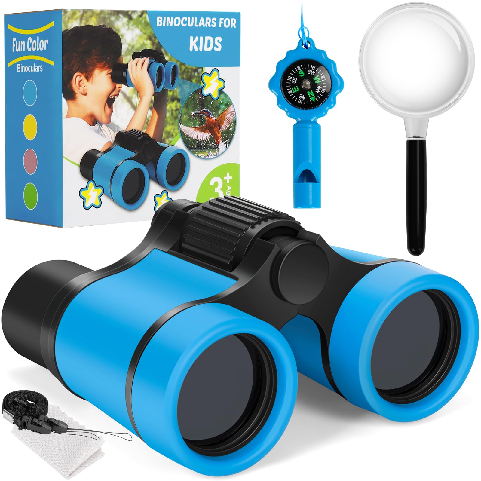 Binoculars for Kids, Kids Binoculars toys for 3 4 5 6 7 8 Years Boys and Girls, Set with Magnifying Glass & Compass - Birthday Gifts Outdoor Toy for Kid Ages 3-8 Toddler Camping (blue)