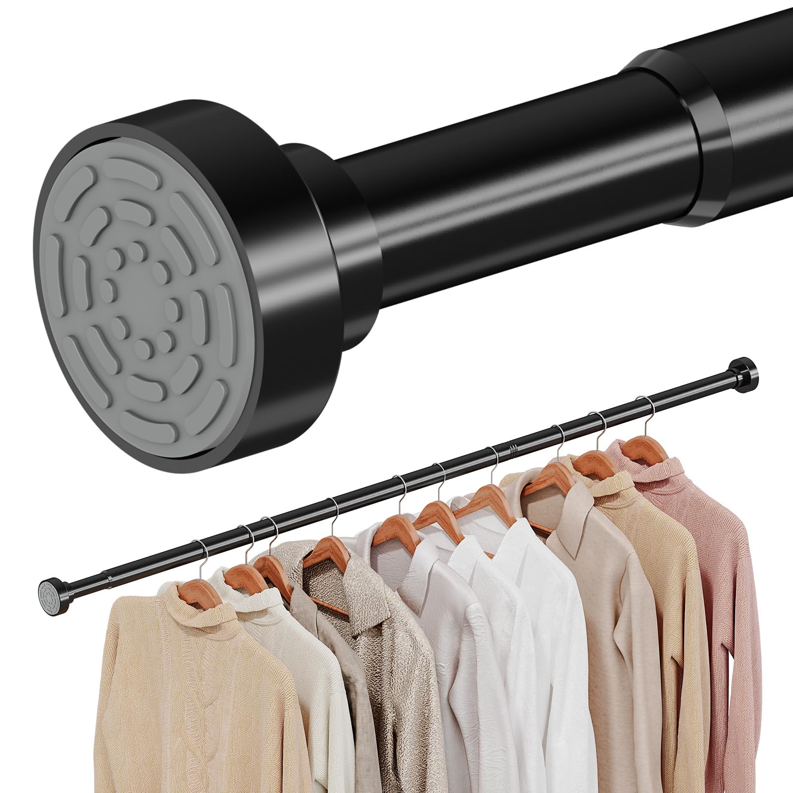 Supforce No Drilling Closet Rods for Hanging Clothes, Non Slip Tension Rod with Heavy Duty Clothes Hanging Rod, 17-84 Inches Adjustable Spring Closet Rod for Closet Wardrobe Bathroom Laundry RV, Black