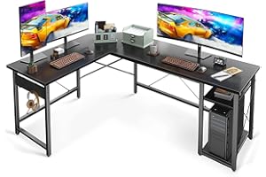 Coleshome L Shaped Computer Desk 66" with Storage Shelves, Corner Sturdy Writing Desk Workstation, Modern Wooden Office Gaming Desk, Wood & Metal, Black