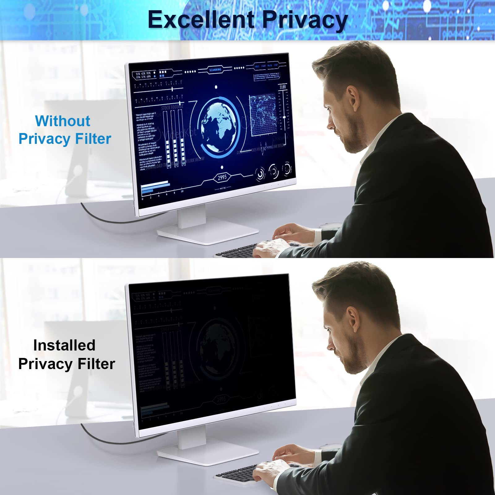 [2 Pack] 32 Inch Computer Privacy Screen Filter for 16:9 Widescreen Monitor, Removable Eye Protection Anti Glare Blue Light Filter Privacy Shield, Anti Scratch Anti Spy Screen Protector Film 32 In