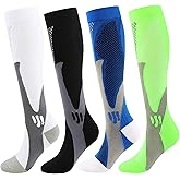 Kickticks 4 Pairs Compression Socks for Woman & Man Unisex 20-30mmHg Knee high Plus Size Wide Calves for Flying Running…