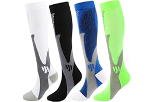 Kickticks 4 Pairs Compression Socks for Woman & Man Unisex 20-30mmHg Knee high Plus Size Wide Calves for Flying Running…