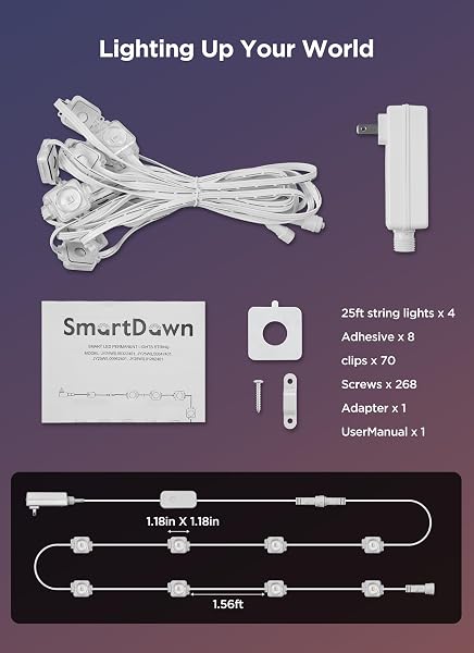 SMARTDAWN PERMANENT OUTDOOR LIGHTS, 100FT 64 BULBS RGB LED OUTDOOR STRING LIGHTS, DIY SCENE MODE, IP68 WATERPROOF CHRISTMAS LIGHTS FOR DAILY DECOR, HOUSE ROOF, HOLIDAY DECORATIONS, OUTSIDE