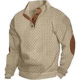 STTLZMC Men's Sweatshirt Casual Knit Jacquard Pullover Long Sleeve Quarter Button Mock Neck Sweatshirt