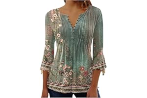 SHOPESSA 3/4 Sleeve Tops for Women Dressy Button Up Flowy Shirt Cute Summer Graphic Tees Womens Clothes Spring 2024