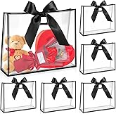 Aliceset 12 Pcs Clear Plastic Gift Bags with Die Cut Handles Reusable Gift Wrapping Bag with Ribbon for Wedding Graduation Bridal Shower Baby Shower, 12 x 10 x 5''(Black)