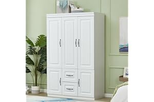 LIVELYLODGE 71" H Closet with Doors White Wooden Armoire Wardrobe Closet Freestanding Clothes Storage Closet Bedroom Armoires Wood Wardrobe Storage Closet Cabinet with Hanging Rod Shelf 2 Drawers, 3 Doors White
