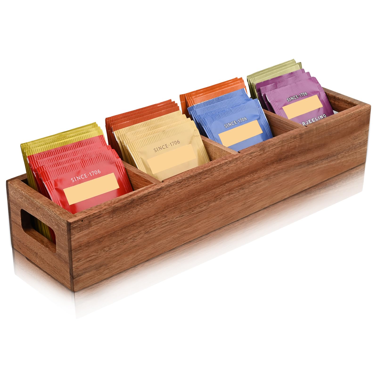 Photo 1 of ***(MISSING DIVIDERS)***Chicvilla Acacia Wood Tea Bag Organizer with 4 Slots – Tea Bag Holder and Tea Organizer, Sugar Packet Storage for Countertops