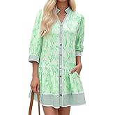 Wenrine Women's Floral Boho Mini Dress 3/4 Long Sleeve V Neck Casual Button Down Shirt Dresses
