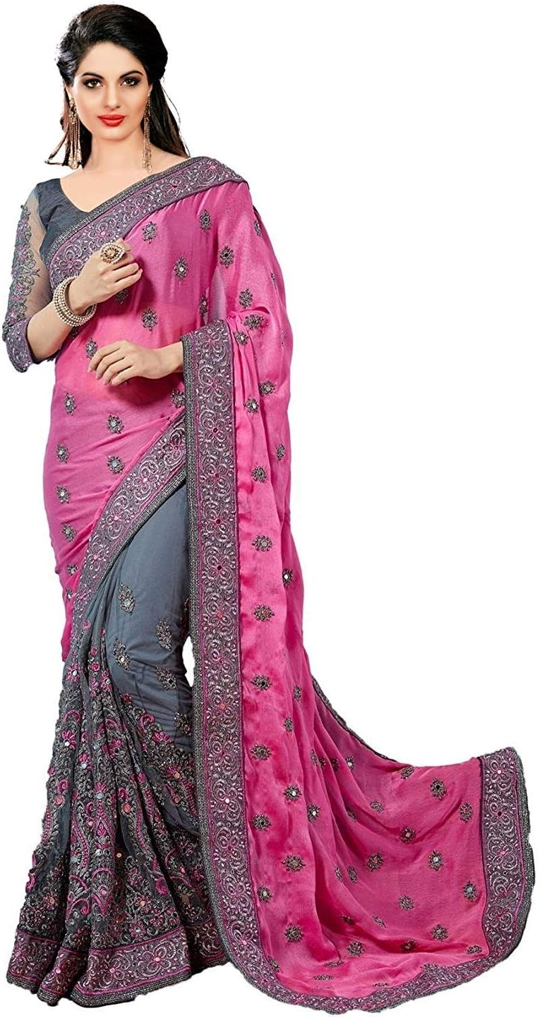 Darshita International Women's Chiffon Saree (Mosspinkngrey_Multi-colored)