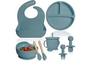 Bluet B- Silicone Baby Feeding Set - Led Weaning Supplies - Spoons, Suction Bowl, Plate - Utensils for First Foods, Infant Eating - 8pcs - Blue