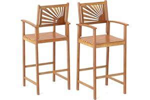 BECOMFORT Outdoor Bar Stools Set of 2, Acacia Wood Patio Stool with Comfortable Backrests, Armrests & Footrest, Patio Bar Cha