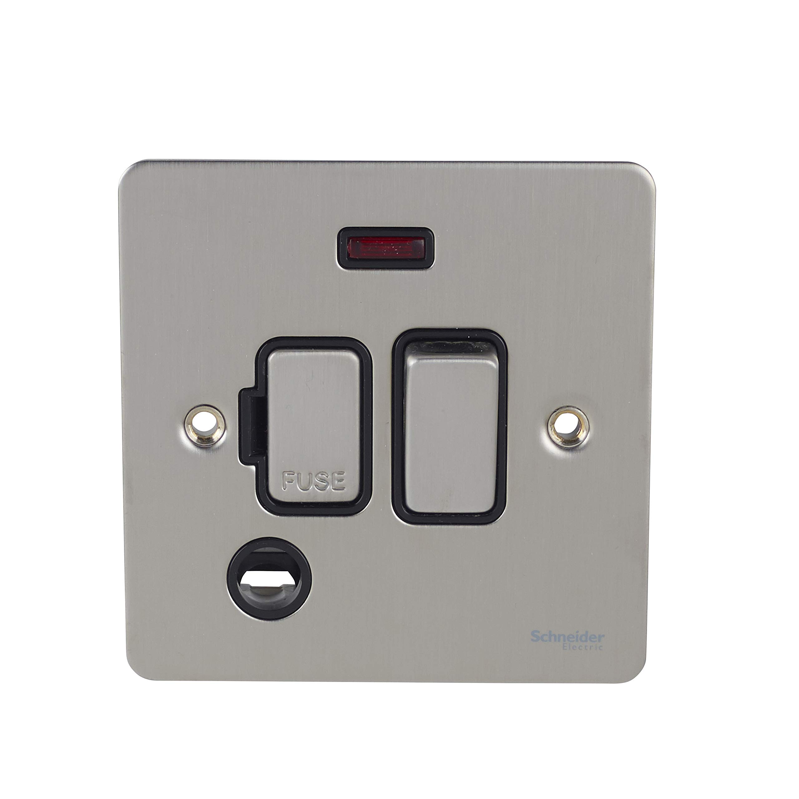 Schneider Electric Ultimate Flat Plate - Switched Fused Connection Unit, with Flex Outlet and Neon Indicator, GU5214BSS, Stainless Steel with Black Insert — image 1