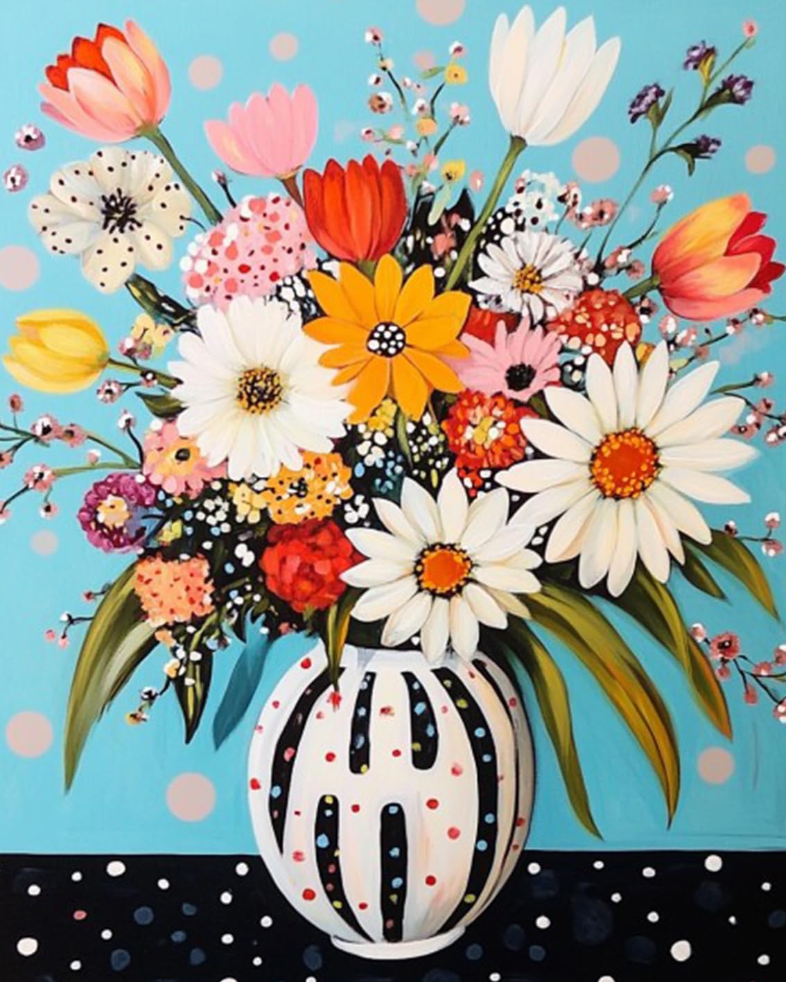Photo 1 of Abstract Flowers in Vase Oil Painting Paint by Number Kits 16 x 20 inch Canvas Colorful Flowers DIY Oil Painting for Kids Students Adults Beginner with Brushes and Acrylic Pigment (without Frame)