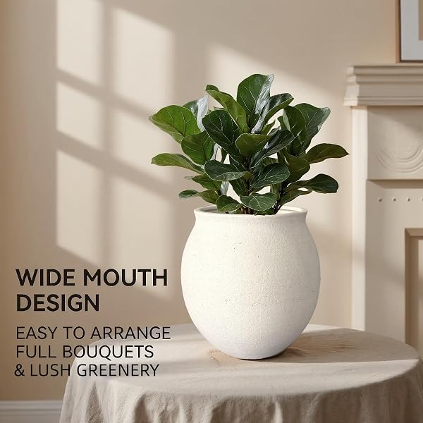 KAYOLIN ROUND WIDE MOUTH WHITE CERAMIC VASE -9.7″ LARGE FLOWER POT WITH DRAINAGE HOLE FOR INDOOR PLANTS, GRAVEL TEXTURED CREAM WHITE VASE & PLANTER FOR HOME DECOR