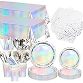 402 Pcs Iridescent Party Decorations, Shiny Birthday Party Tableware Supplies including Plates, Cup, Napkins, Straws, Forks, Knives, Spoons Iridescent Foil Tablecloths - Serves 50