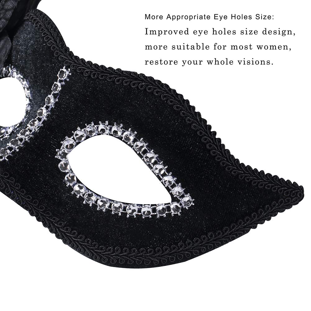 Black Masquerade Mask for Women, Eye Costume Masks - with Shiny Rhinestone Flower Feather (2_Black)