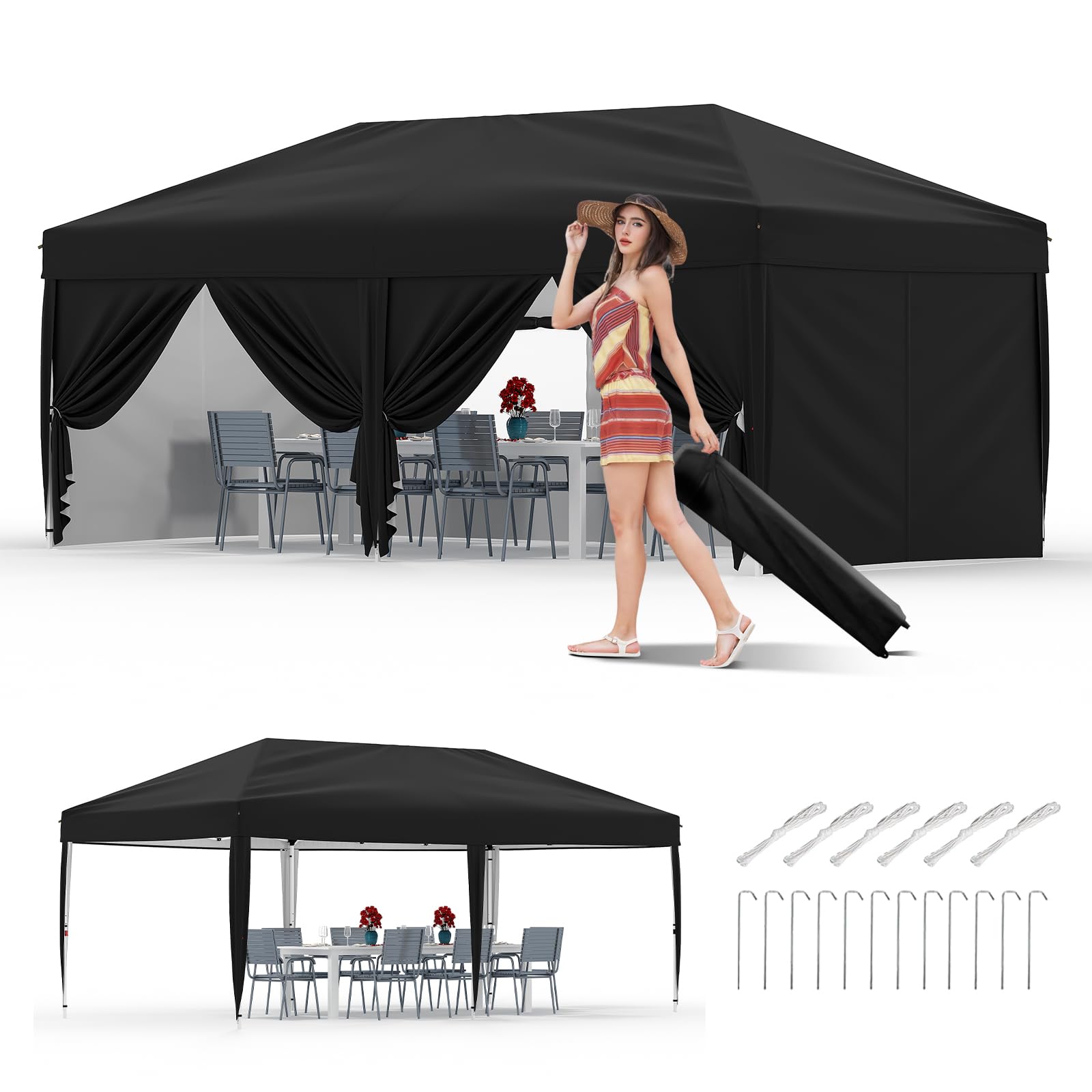 Photo 1 of 10X20Ft Pop Up Canopy Tent with 6 Sidewalls, Easy Up Canopy with 6 Sandbags, UPF 50+ Portable Outdoor Canopy Tent with Carrying Bag for Camp, Beach, Patio