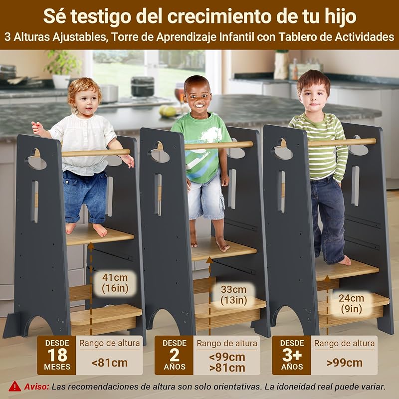 Torre de Aprendizaje para Niños - Torre de Aprendizaje de Madera para Bebés de 1 a 6 Años - Altura Ajustable en 3 Niveles - 80CM - Gris Clásico y Natural