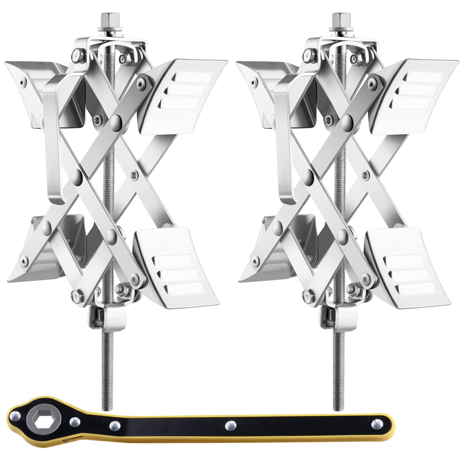Photo 1 of VEVOR Camper Wheel Chock Stabilizer, X-Shaped RV Stabilizer Wheel Chock, Fit for 1.5" to 10" Tire Space, 2 Sets of Wheel Chocks with Ratchet Wrench and Storage Bag for Campers Travel Trailers Trucks