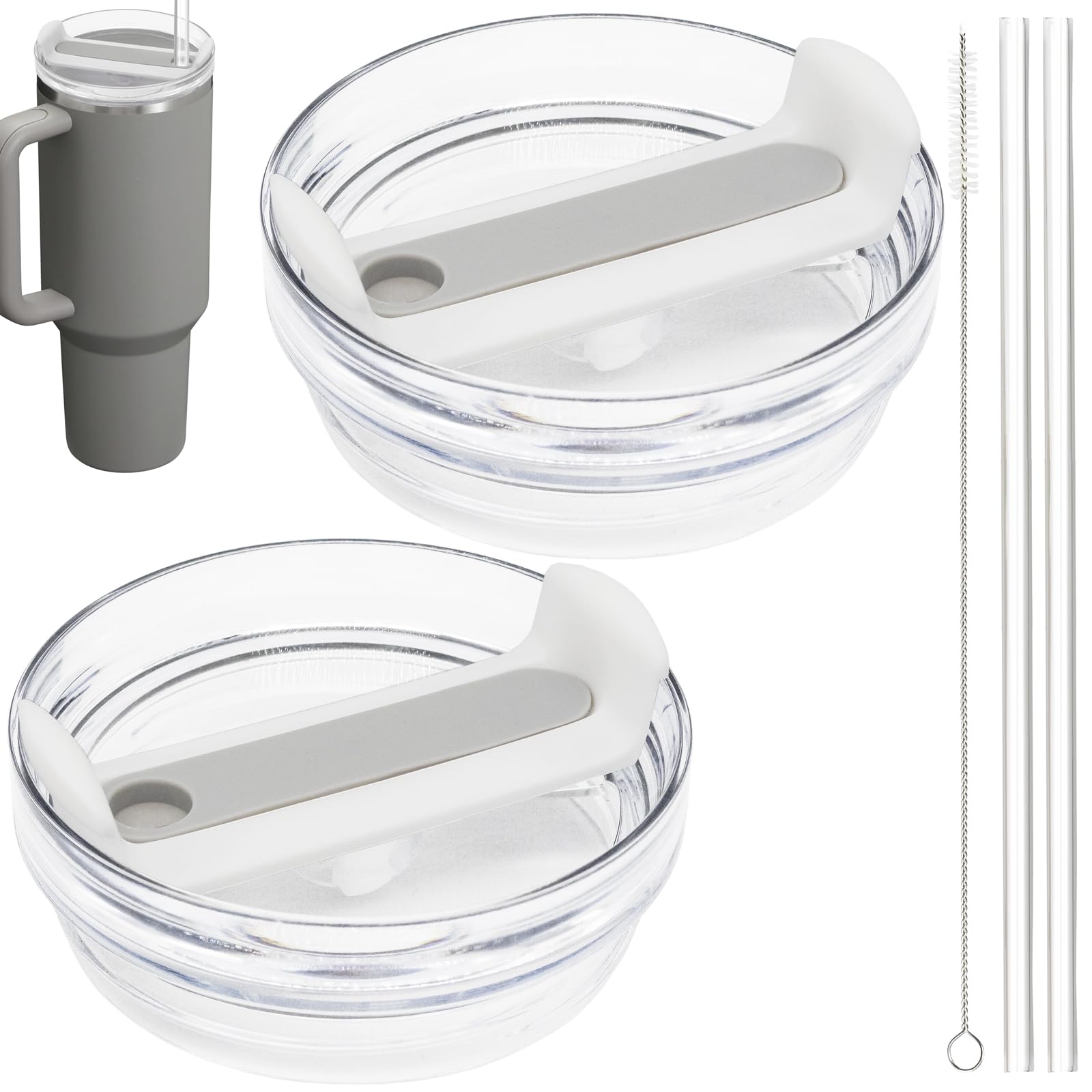 Photo 1 of 40oz Tumbler Lid Compatible for Stanley, 2 Pack Replacement Tumbler Lids Fit for Stanley Quencher 2.0 Tumbler 40 OZ, with Straws and Cleaning Brush (Grey)