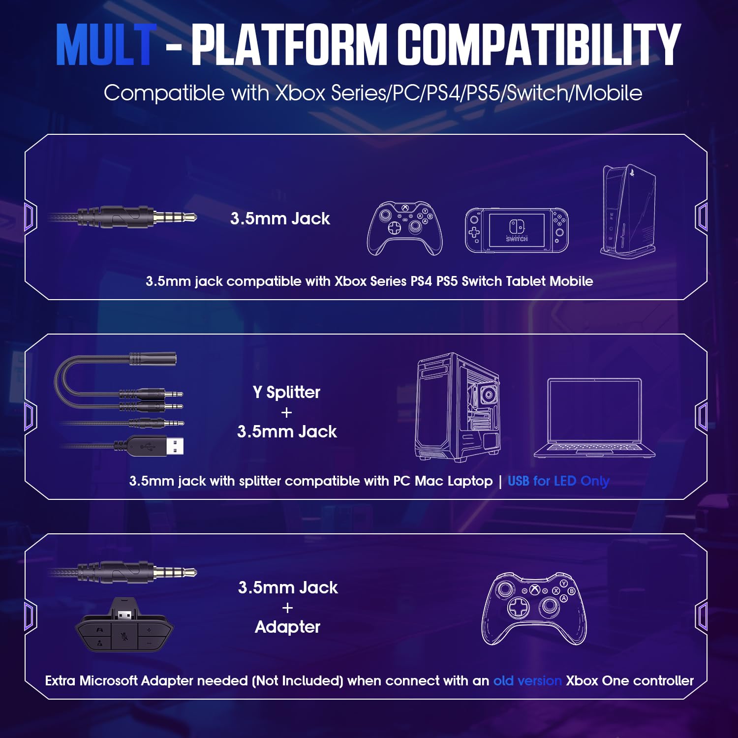 Gaming Headset for PS5, PS4, Xbox Series X|S, Xbox One, PC, Switch, Mac - RGB Over-Ear Headphones with 7.1 Surround Sound, Noise Cancelling Mic, 50mm Drivers & Memory Foam Ear Pads