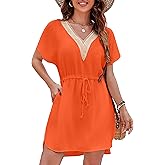 Fayenne Womens Swimsuit Coverups Lace V Neck Sexy Bathing Suit Cover Ups Dress with Pockets Short Sleeve Swimwear Cover Up