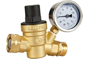 Esright Brass Water Pressure Regulator 3/4 Lead-free with Gauge for RV Camper Adjustable Water Pressure Regulator,Build-in Oil (NH threads)