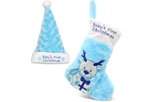 PLUSHIBLE BRIDGING MILES WITH SMILES Plushible Babys First Christmas Stocking - Stockings for Baby Boy and Girl - Babies 1st Christmas Stocking and Matching Santa Hat Set - Embroidered Bear with Baby’s First Christmas - Blue