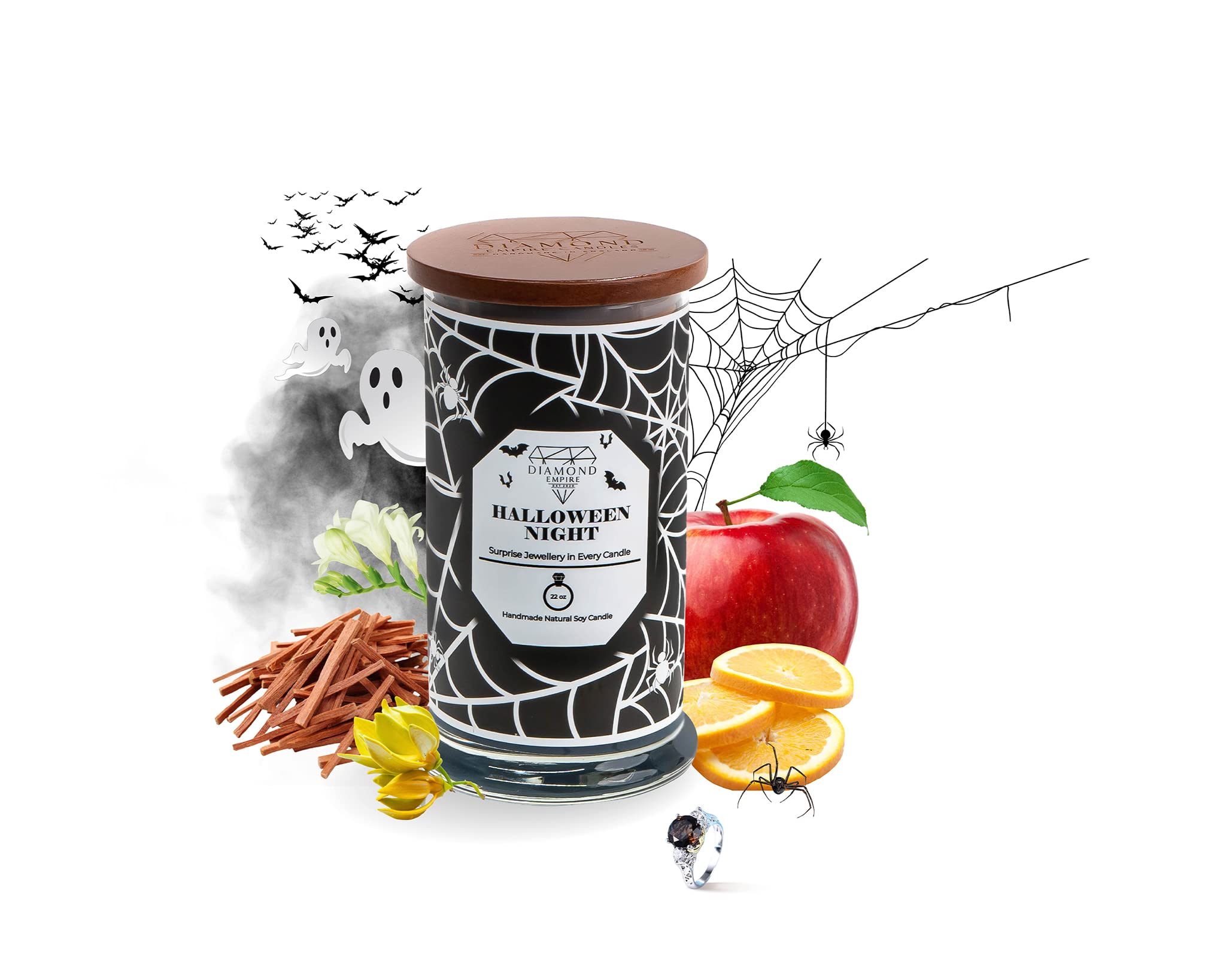 Diamond Empire Halloween Night Candle with Surprise Jewellery Inside (Jewelry Valued up to £2,500), Highly Scented Candles Gifts Set for Women's Anniversary, Birthday, Wedding| 2 Wicks (Ring P/Q)