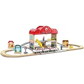 Hape Portable Wooden Train Station Set, Children's Train Set, Rails, Train Station and Characters, Easy to Carry