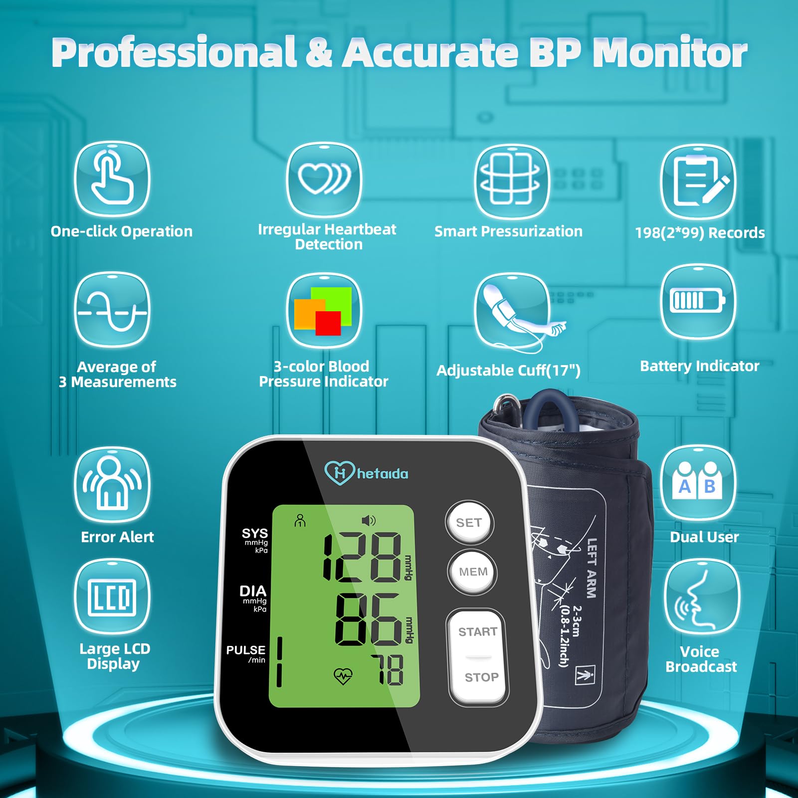 Blood Pressure Monitor, Upper Arm Blood Pressure Machine for Home Use, Digital Talking BP Monitor with 2x99 Readings Memory Adjustable Cuff 8.7
