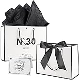 Hongplus White Black 30th Birthday Keepsake Gift Paper Bag with Card & Tissue Paper for Him Her Anniversary Party Present Shopping Tote Bags Vintage Bag for Men Women 30 Year Old Decorations Wrapping