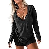 MERRIMISS Womens Deep V Neck Long Sleeve Tops Loose Fit Oversized T Shirt Side Slit High Low Tunic Tops with Thumb Hole