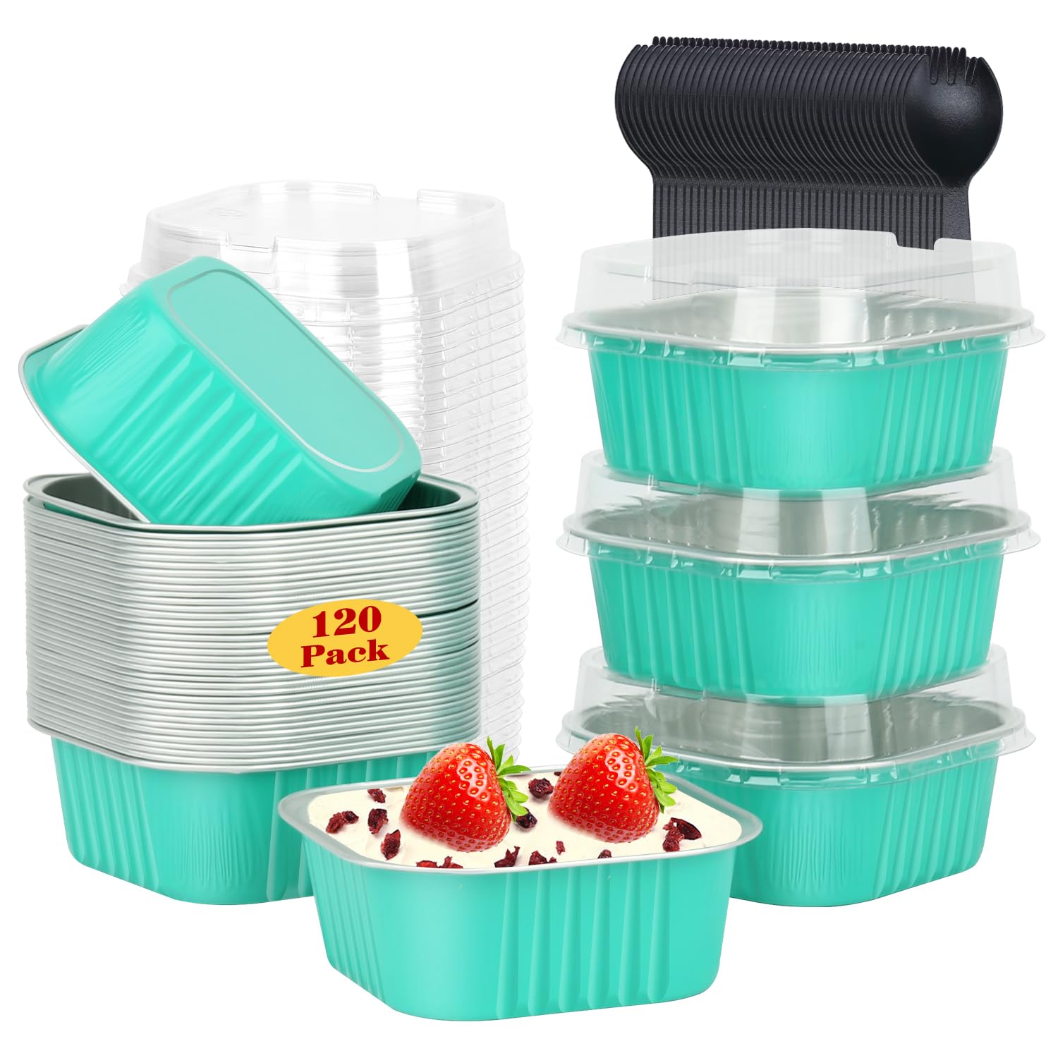 Photo 1 of 120pack 5oz Mini Cake Pans with Lids,LNYZQUS Aluminum Foil Cupcake Baking Cups Muffin Tin,Disposable Ramekins Small Cake Mini Brownie Baking Pan Cheesecake Containers -Cyan Blue