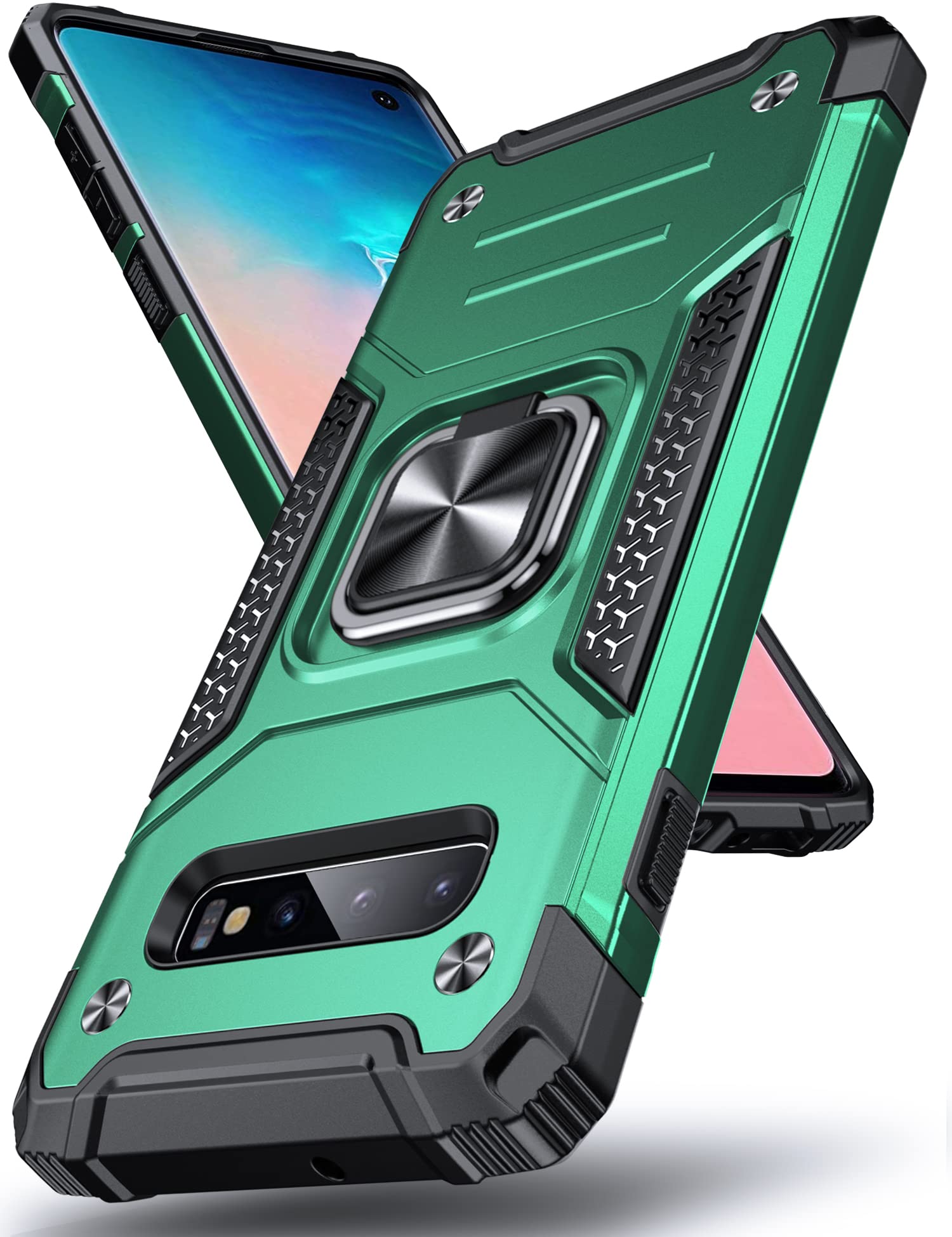 DASFOND Galaxy S10 Case, Military Grade Shockproof Protective Phone Case Cover with Enhanced Metal Ring Kickstand [Support Magnet Mount] Compatible with Samsung Galaxy S10, Dark Green