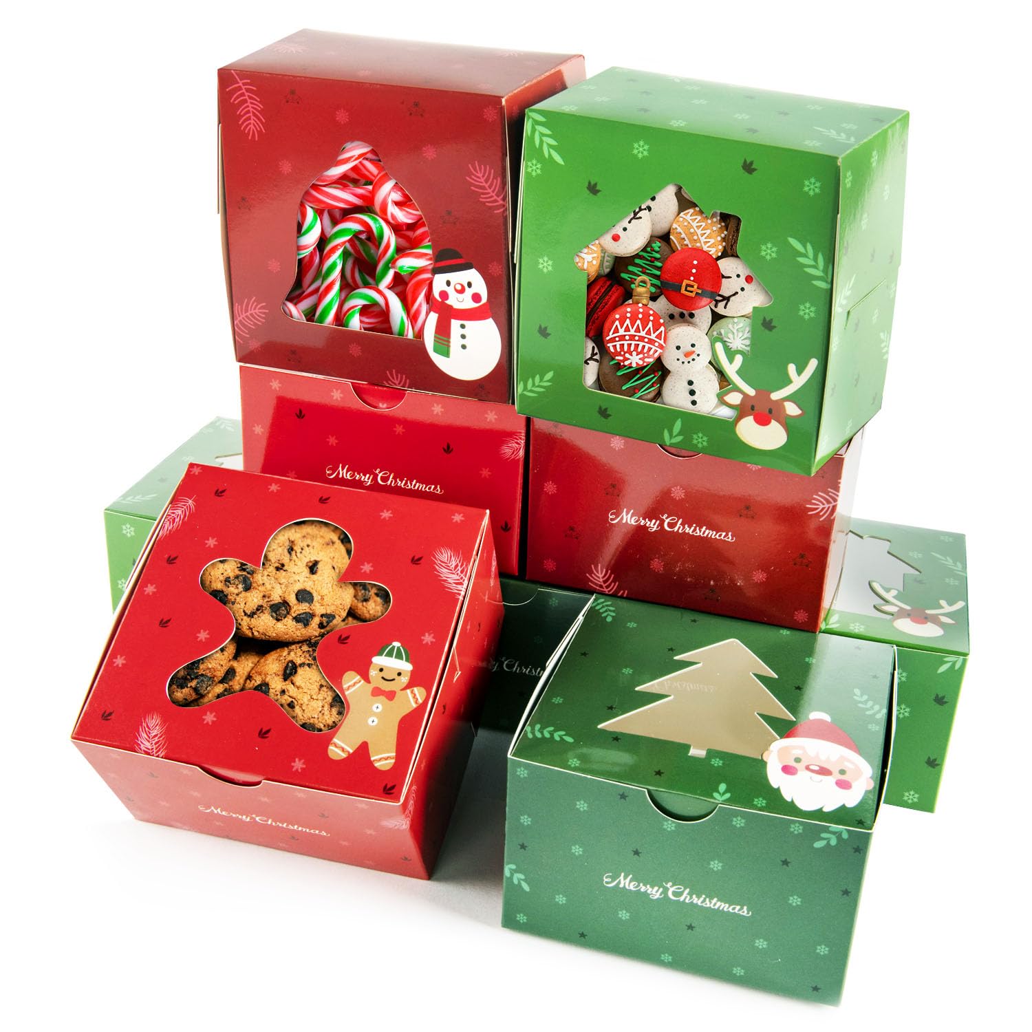 Photo 1 of 20PCS Christmas Cookie Boxes for Gift Giving, 4" x4" x2.5" Xmas Holiday Treat Cookie Tin with Window for Packaging Cookie Macaron Cake Pop Chocolate Truffles Donut Pie Treat Boxes for Gift-Giving