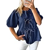 Tankaneo Womens Denim Tie Front Tops Babydoll Peplum Puff Sleeve Jean Shirts Crew Neck Summer Casual Bow Blouses