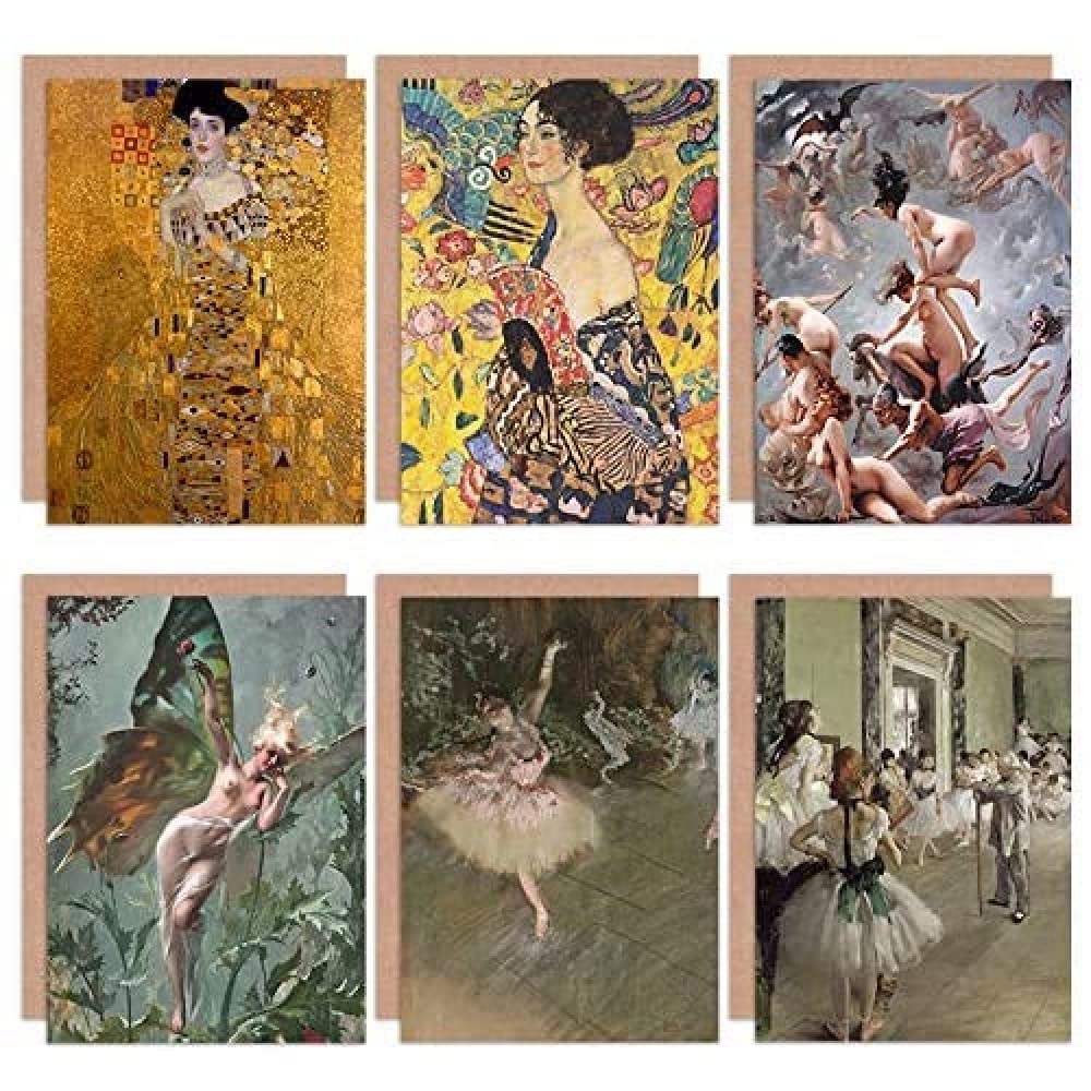Artery8 Degas Falero Klimt Ballet Witches Sabbath Lady Fan Mixed Fine Art Greeting Card Pack of 6
