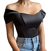 FEOYA Women's Off Shoulder Boned Corset Top Vintage Bustier Mesh Short Sleeve Slim Fit Crop Top Party Clubwear