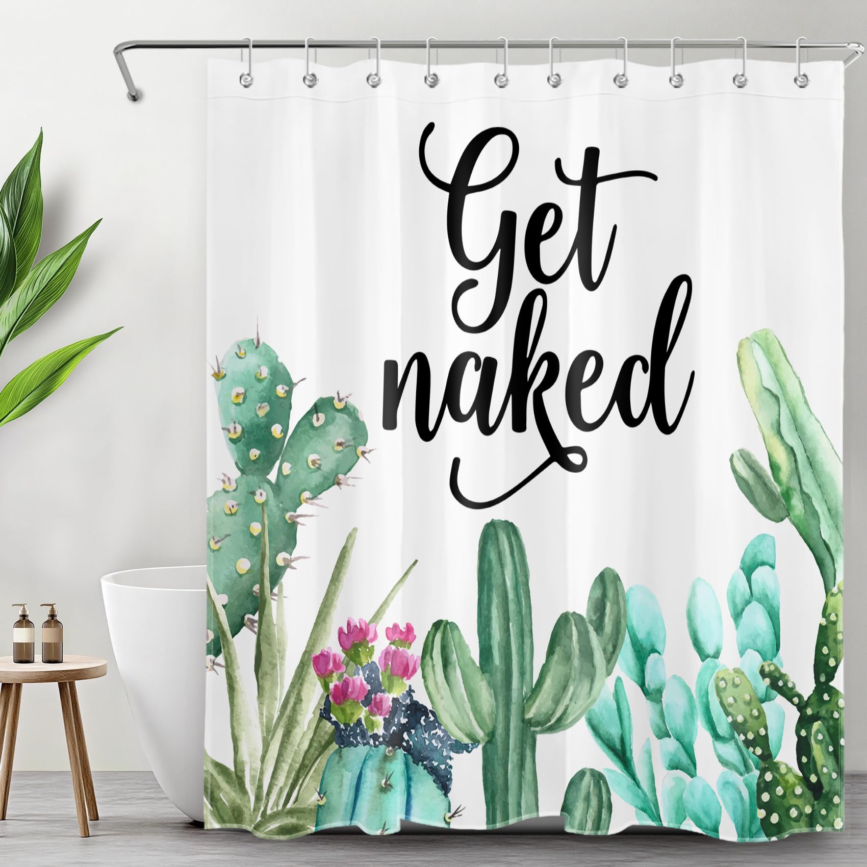 LB Get Naked Cactus Shower Curtain Funny Quotes Tropical Succulent Green Plant Watercolor Cacti Flower Shower Curtains for Bathroom Decor with Hooks 60x72 inch Waterproof Polyester Fabric