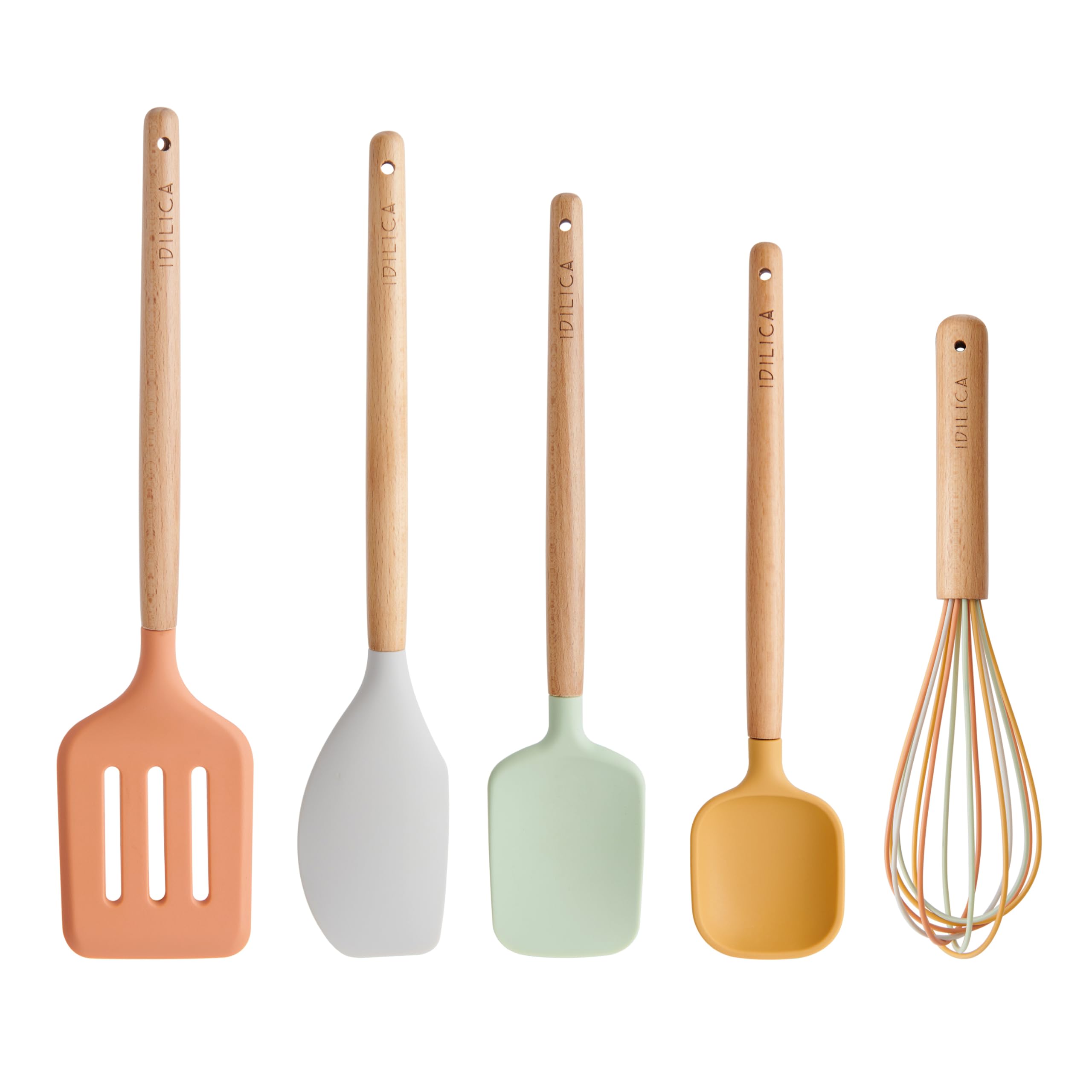 KitchenCraft Idilica Silicone Tool Set, 5pc Cooking Utensil Set with FSC Beechwood Handles, Multi-Colour Kitchen Tools