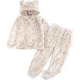 COZYPOIN Girls Fuzzy 2 Piece Outfits Sweatsuit Warm Bear Ear Fleece Hoodie Sweatshirt and Pants Cute Kids Clothing Sets