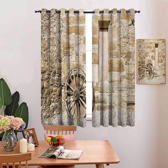 N / A Cortina para niños Granero Rueda de Carro de Madera Fachada Rural