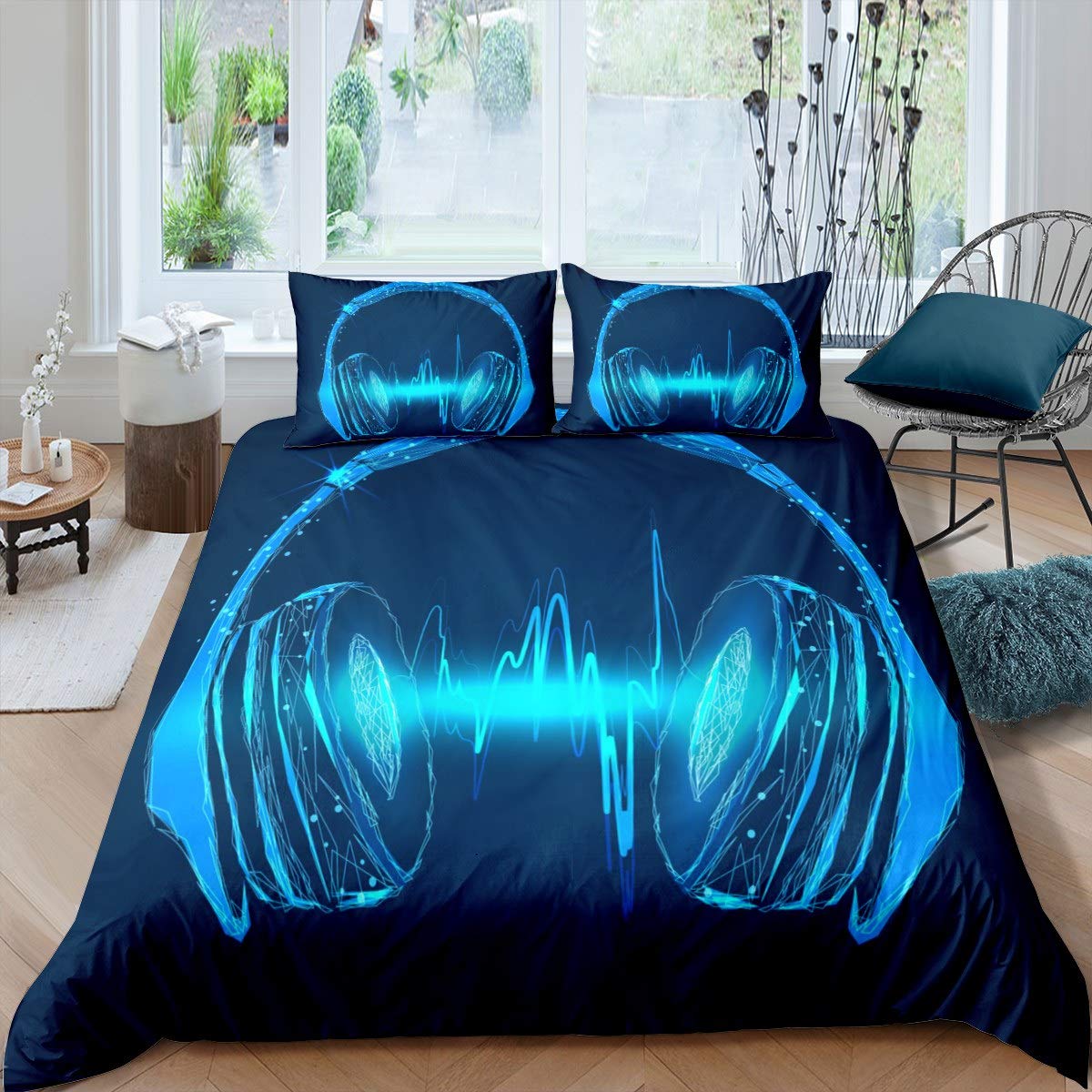 Loussiesd Boys Headset Duvet Cover for Kids Girls Teens Bedroom Decor Rock Music Themed Bedding Set Chic Blue Headphone Comforter Cover Musical Pattern Bedspread Cover Single Size With 1 Pillow Case — image 1